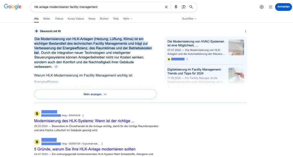 SEO Marketing für Gebäudemanagement: 2 Artikel ranken auf Google auf Platz eins und zwei (Screenshot davon)