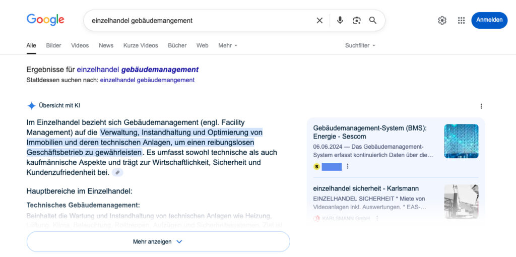 SEO Marketing für Facility Management: Artikel rankt auf Google auf Platz eins (Screenshot davon)